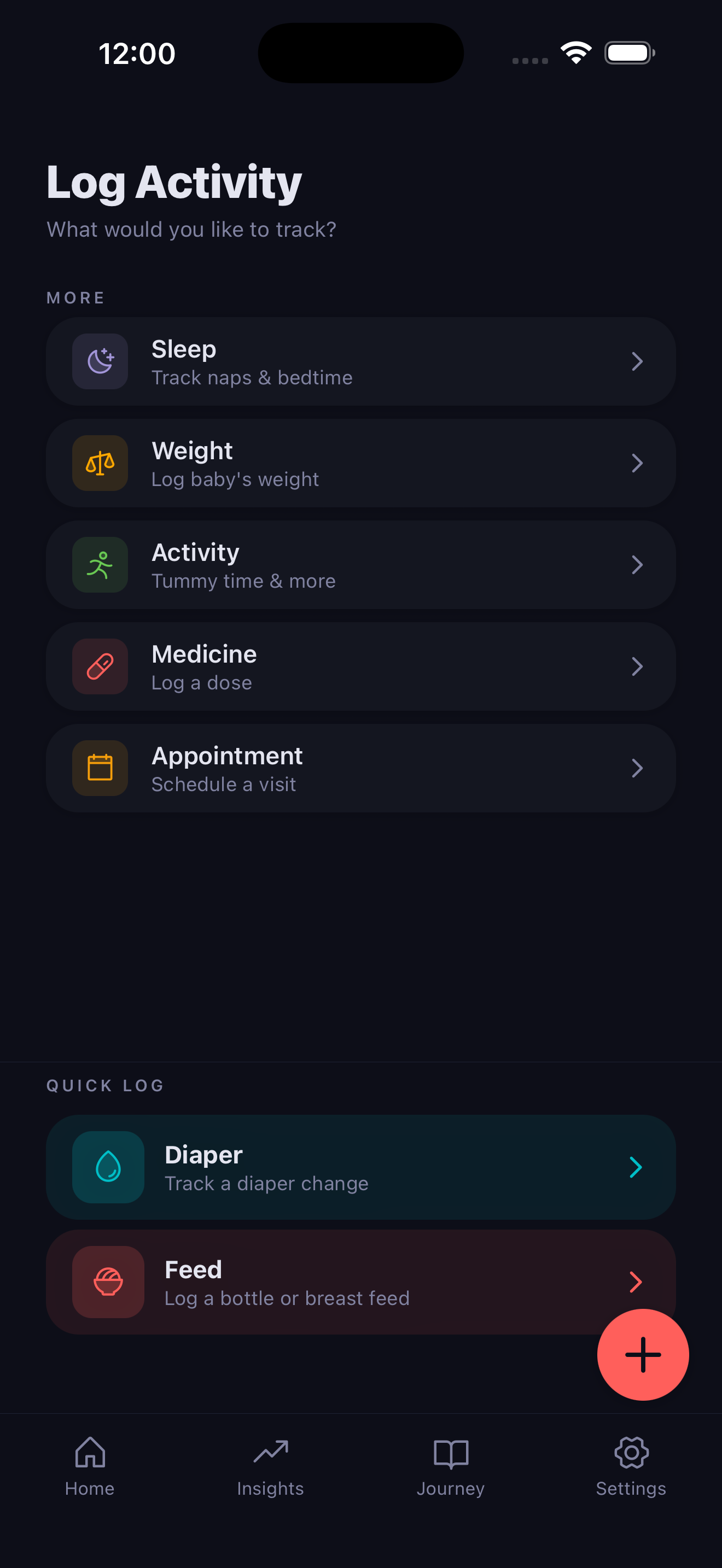 Quick add screen with large tap targets for logging feeds, diapers, sleep, and more