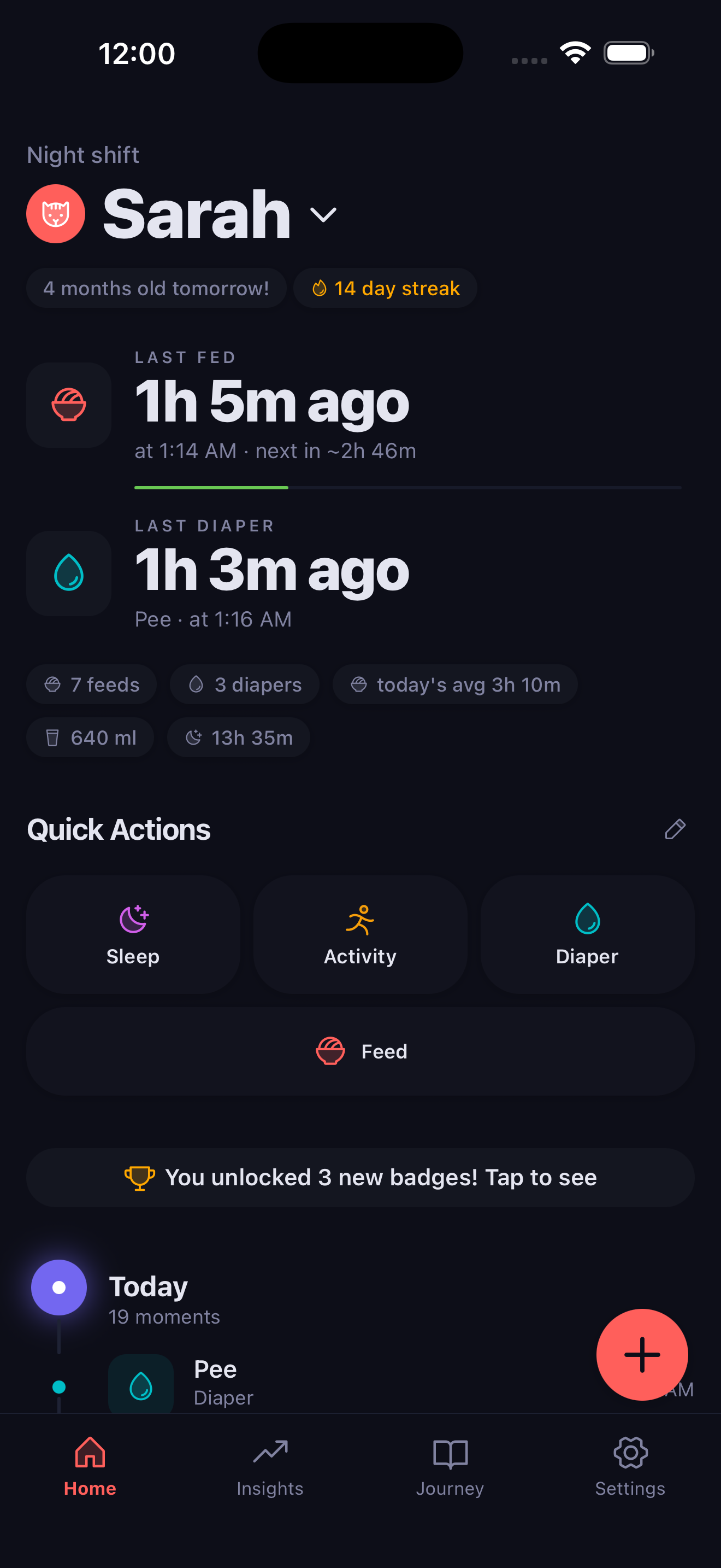 Baby Tracker home screen with daily feed, sleep, and diaper summary