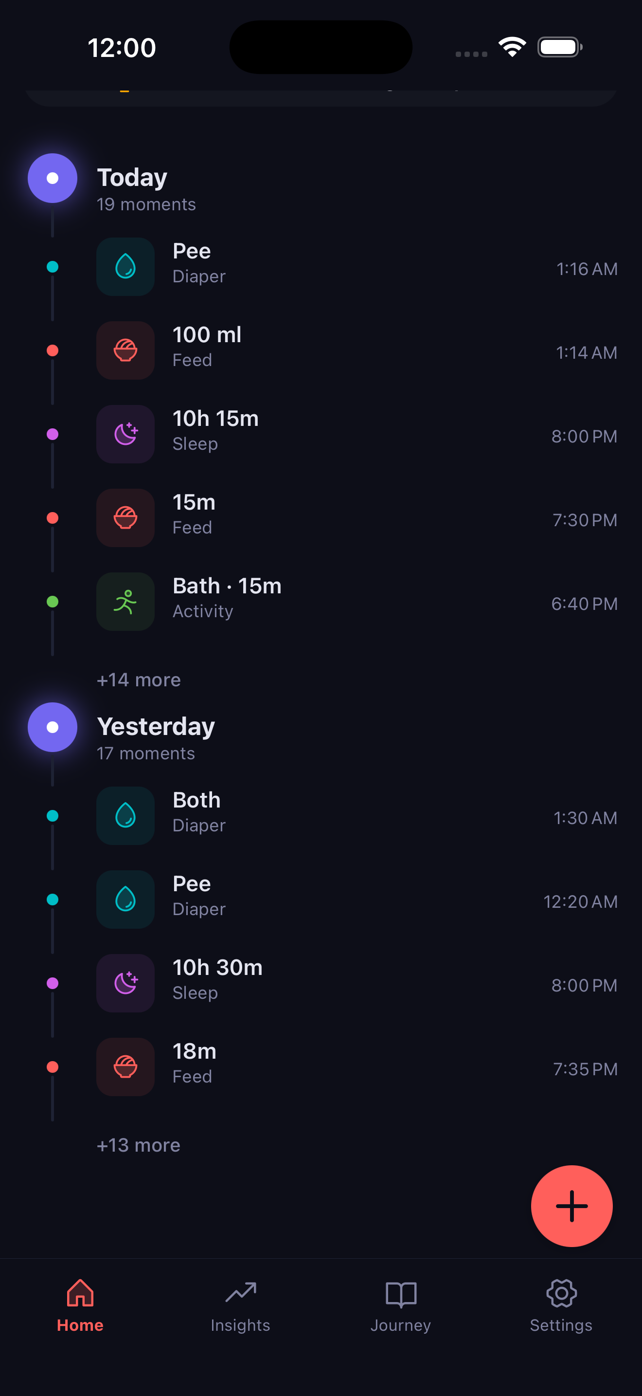 Home timeline showing all logged baby activities in chronological order