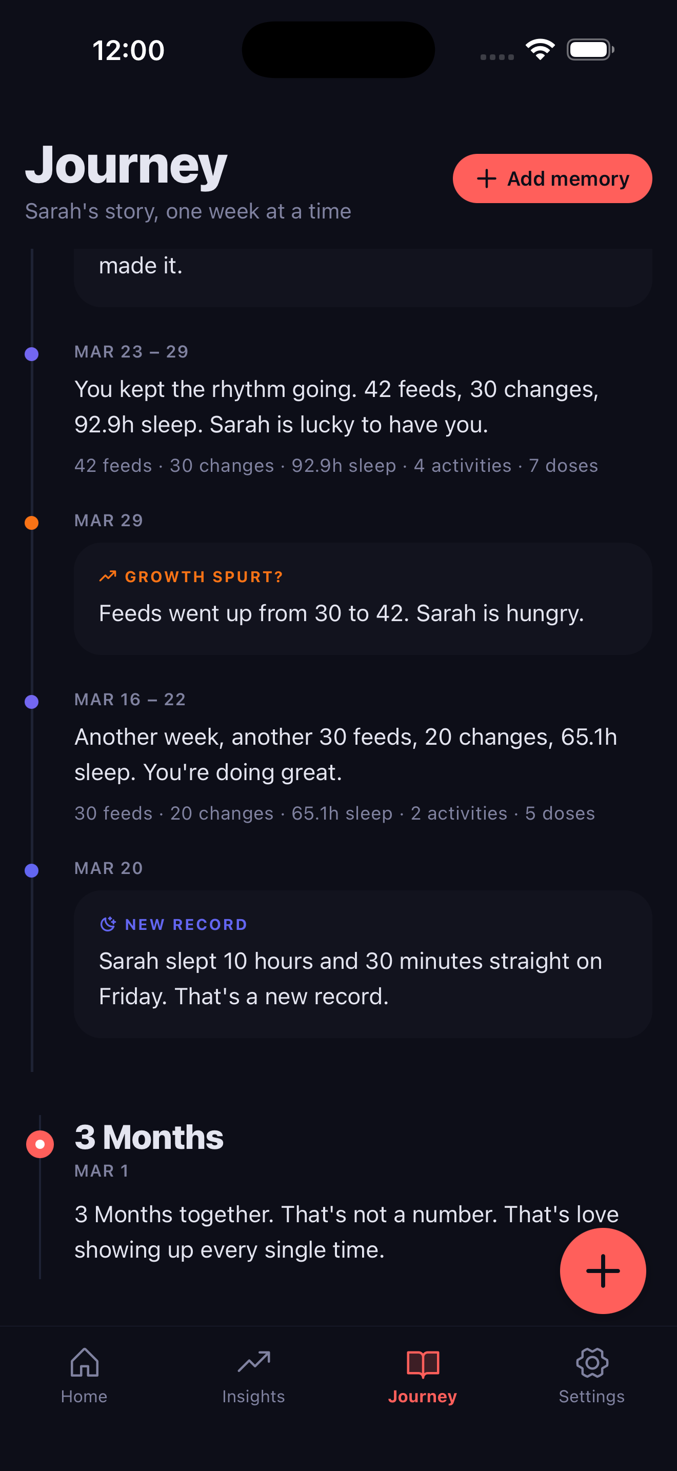 Baby journey timeline showing weekly summaries and milestones